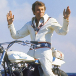 Motorcycle daredevil Evel Knievel poised on his Harley-Davidson. (Photo by Ralph Crane//Time Life Pictures/Getty Images)